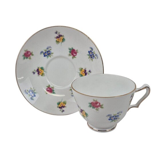 Crown Staffordshire Tea Cup Saucer Fine China Floral Pattern Gold Trim England - Picture 1 of 10